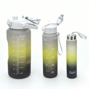 Outdoor 2000ml Plastik flaschen set Wieder verwendbare Farbverlauf wasser flasche Tragbare Wander flaschen mit Strohhalm