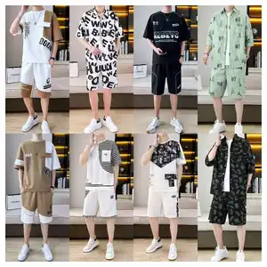 Mens Summer Suit 2 Piece Acid Wash Shorts and T Shirt Set Digital Printing Woven for Men Custom Logo Design Two Piece