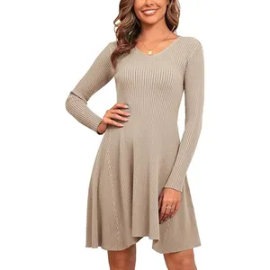 Custom Winter Polyester Knitted V Neck A Line Long Sleeve Short Dress Women