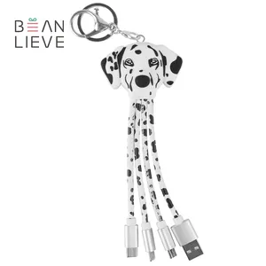 Creativity Spotted Dog Design Dalmatian PU Leather Multi Port Keychain Phone USB 3 in 1 Charging Cable