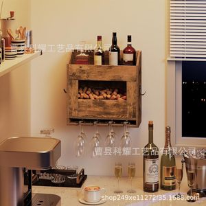 ชั้นวางไวน์ติดผนังไม้พร้อมที่แขวนแก้วสำหรับตกแต่งบาร์ที่บ้าน - Product Image 1