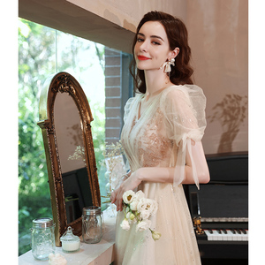 Nouveaux styles 2026, nouvelle conception 2021, robe de soirée élégante à manches bouffantes courtes, applique en dentelle organza, robe longue évasée de couleur champagne, style féerique, coupe ajustée - Product Image 3