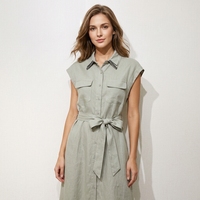 Gaun kemeja kerah manik-manik lengan pendek berkancing berikat pinggang pinggang tinggi saku samping belahan samping campuran linen motif bunga vintage wanita kasual