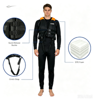 Rompi Pelampung Unisex PVC untuk Wakeboard, Surfing, Sailing, Kayak, Olahraga Air, dengan Tali Pengikat Kaki, Logo Depan, dan Kerah Tinggi