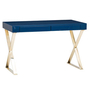 Table avec 2 tiroirs en acier inoxydable, Console de bureau avec miroir, de couleur bleu marine - Product Image 1