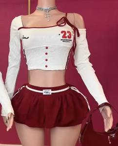 新款女式两件套长袖脱肩针织t恤和泡泡裙套装休闲优雅套装 - Product Image 5