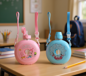 Botella de agua de plástico para niños de 600 ml con pajita abatible a prueba de fugas, con correa, diseño de dibujos animados para uso escolar - Product Image 2