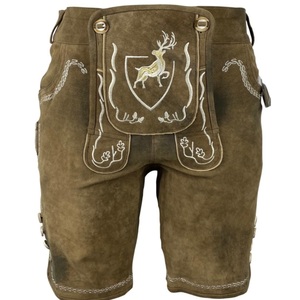 Shorts en daim marron pour homme, grande taille, avec bretelles brodées motif cerf et floral, taille mi-haute, coupe H, longueur genou - Product Image 5