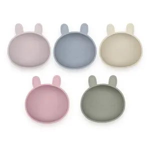 Nuevo estilo conejo tazón de silicona Placa de succión bebé alimentación vajilla dibujos animados lindo diseño con cuchara
