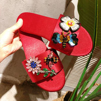 Sandales d'extérieur d'été de haute qualité avec strass brillants semelles plates en satin soyeux doux pantoufles à la mode