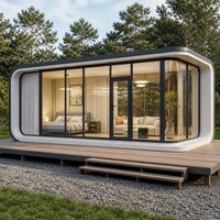 Maison d'hôtes mobile en structure acier avec terrasse à double niveau et vitrage panoramique