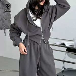 Ensemble 2 pièces personnalisé F5422 pour <span class=keywords><strong>femme</strong></span> : survêtement décontracté avec veste courte à capuche et pantalon de <span class=keywords><strong>jogging</strong></span>, tenue de sport streetwear pour <span class=keywords><strong>femme</strong></span> - Product Image 4