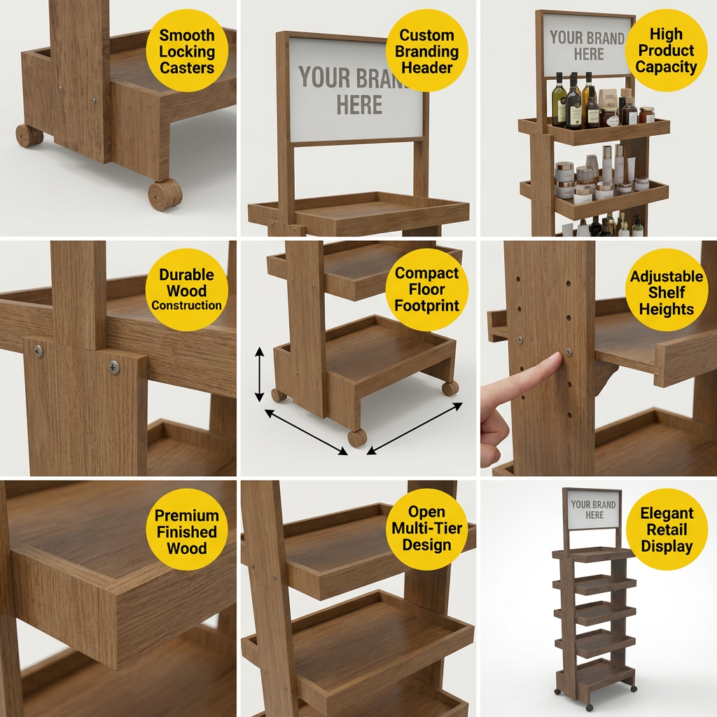 Custom Wooden Retail Display Rack with Wheels 5 Tier Floor Standing Shelf Header Sign POS POP Store Fixture Promotion Stand OEM — view 5