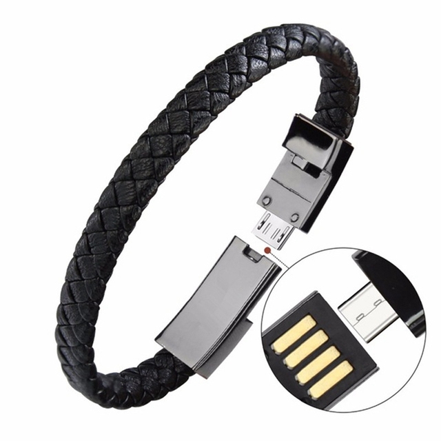 Leather Sports Bracelet Short Micro USB Charging Data Sync Cord Travel Portable Type C USB Hidden Cable for iPhone Phone Cable