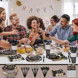 Artículos de Fiesta Modernos de 144 Piezas para Cumpleaños de 30 Años, Platos, Servilletas, Cubiertos y Vasos Dorados y Negros - Product Image 2