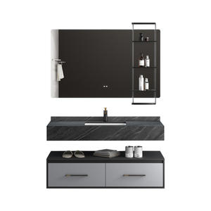 Black rock plate integrated basin industrial style hotel use smart mirror cabinet bathroom cabinet - Product Image 1