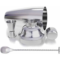Juego de coctelera de 3 piezas con jigger doble, cuchara de barra de acero inoxidable y colador incorporado para bar en casa y coctelería.