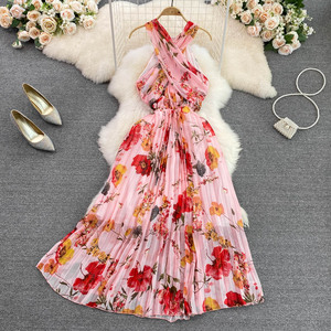 Robe de plage en mousseline de soie écrasée taille élégante robe mince sans manches - Product Image 4