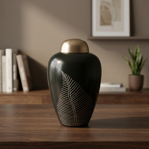 Black Metal Cremation Urn Round Memorial Keepsake <b>Casket</b> with Metallic Lid Decorative Tabletop <b>Ash</b> Urn - Indian Home Crafts - Product Image 3