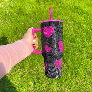 Mug de voyage isotherme en acier inoxydable à double paroi, imprimé cœur brillant, 40 oz, avec couvercle et pailles - Product Image 4
