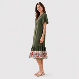 Vestido verde bosque de mezcla de lino para mujer, cuello en V, con botones, manga con volantes, estampado, dobladillo, midi, largo - Product Image 3