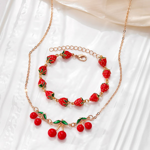 Strawberry Fruit Necklace And <b>Bracelet</b> <b>Set</b> For Women Red Zinc Alloy Jewelry Gift Fashion Accessory - Product Image 1