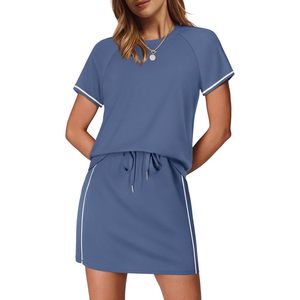 Conjunto de Falda y Top de 2 Piezas para Mujer, Verano, Transpirable, Deportivo, Manga Corta, Cuello Redondo, Tejido de Punto, para Entrenamiento, Viajes - Product Image 1