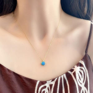 S925 Sterling Silver Gold Plated Round Blue <b>Opal</b> Pendant <b>Necklace</b> Dainty Rope Edge Vintage Jewelry For Women - Product Image 5