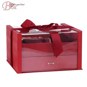 豪华花式玫瑰纸板盒礼花纸带婚礼透明抽屉盒pvc礼包