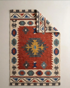 Tapis du Sud-Ouest en laine et jute fait main |   Tapis géométrique tribal rouge bohème pour salon, chambre, couloir, décoration intérieure de style farmhouse - Product Image 3