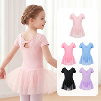 Maillot de Ballet de Manga Corta para Niñas con Falda de Gasa, Alta Elasticidad, Diseño con Lazo en la Espalda, para Entrenamiento y Actuaciones