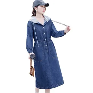 Women Single Breasted Hooded Long Denim Dress