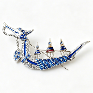 Pin Metálico de Barco Dragón, Plateado, Esmalte Duro, Cristal Azul, Tema Animal, Coleccionable, Forma Irregular - Product Image 5