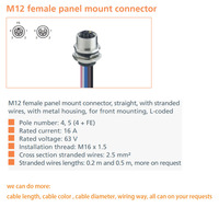 Connecteur étanche M12 à montage sur panneau, codage L, mâle/femelle, 4 ou 5 pôles, 16A, IP67, câble PVC 0,5m (toutes longueurs possibles), 63V