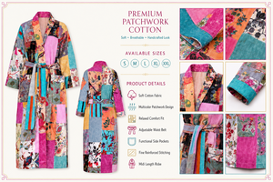 Robe kimono en coton patchwork réversible pour femme, peignoir long avec cordon de serrage, thermique, respirant, hiver et été - Product Image 4