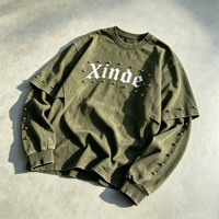 T-shirt à manches longues effet deux pièces, style streetwear épais, vintage, délavé à l'acide, clouté, fabricant OEM