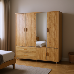 Armoire en bois 63 pouces de large, 4 portes, 2 tiroirs, miroir, meuble de chambre moderne, armoire autoportante, rangement, organisation - Product Image 2