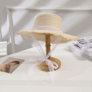 Chapeau de soleil tissé à bord large en papier avec broderie 3D et nœud volantant, idéal pour l'été, les vacances à la mer, la plage, les voyages, la pêche, le cyclisme et le ski - Product Image 5