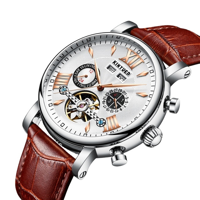 KINYUED Hot Selling J017 Gold Case Black Dial Leather Strap Complete Calendar Skeleton Waterproof Wristwatches Men Watch
