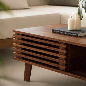 Juego de mesa de centro de 2 piezas Midcentury con almacenamiento de puerta <span class=keywords><strong>corredera</strong></span>, soporte de TV de madera de nogal para sala de estar y dormitorio - Product Image 5