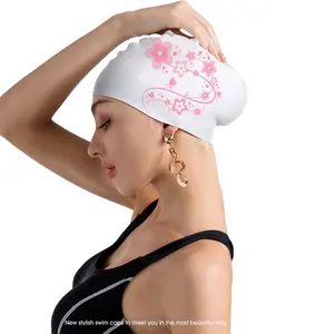 GD女式休闲大码白色定制标志印花花长发硅胶游泳帽