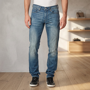 Jean en denim délavé coupe droite pour homme, taille mi-haute, style vintage, bleu, en coton, avec fermeture éclair, collection automne - Product Image 3