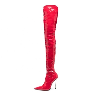 Sexy Metal Slim Heels Women's Skintight Over Knee Boots Pointed Toe Patent Stiletto Long <b>Booties</b> Thigh High Shoes - Product Image 1