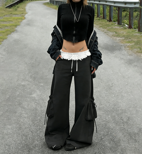 Women French High Street Woven Loose Lace Patchwork <b>Cargo</b> Pants <b>Low</b> <b>Rise</b> Drawstring Waist Pockets Slight Flare Casual - Product Image 3