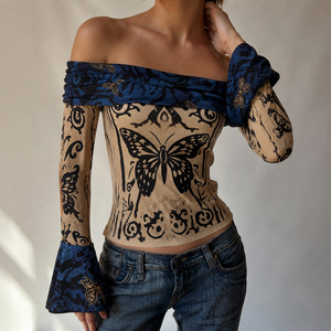 Women Butterfly Print Knitted Digital Printing <b>Long</b> <b>Sleeve</b> Crop <b>Top</b> <b>off</b> <b>Shoulder</b> Bell <b>Sleeve</b> Slim Fit Casual Streetwear T Shirt - Product Image 2