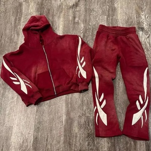 Tùy chỉnh axit rửa mồ hôi phù hợp với bông dày Zip Up ĐÍNH THÊU vá bùng đầy đủ người đàn ông Bộ đồ thể thao Hoodies Sweatpants Bộ - Product Image 1