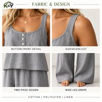 Ensemble 2026 style doux et uni, débardeur sans col boutonné et pantalon long, coupe ample, frais et confortable, toutes saisons, pour femme