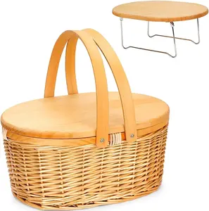 Маленькая Складная пляжная напольная корзина для кемпинга, деревянная крышка, стол для пикника, Круглый портативный стол для пикника