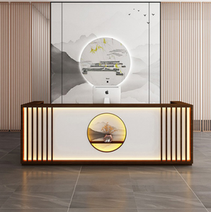 Wood Veneer Reception Desk Metal Mesh Panel Modern Industrial Design <strong>Bar</strong> Cafe Restaurant Front Counter - Product Image 4