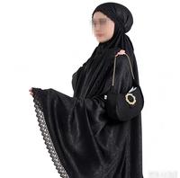 Robe de prière musulmane noire de qualité supérieure pour femmes, en soie satinée, broderie en dentelle, Telekung Abaya Kaftan Islam Mukena, ensembles de vêtements pour le Ramadan
